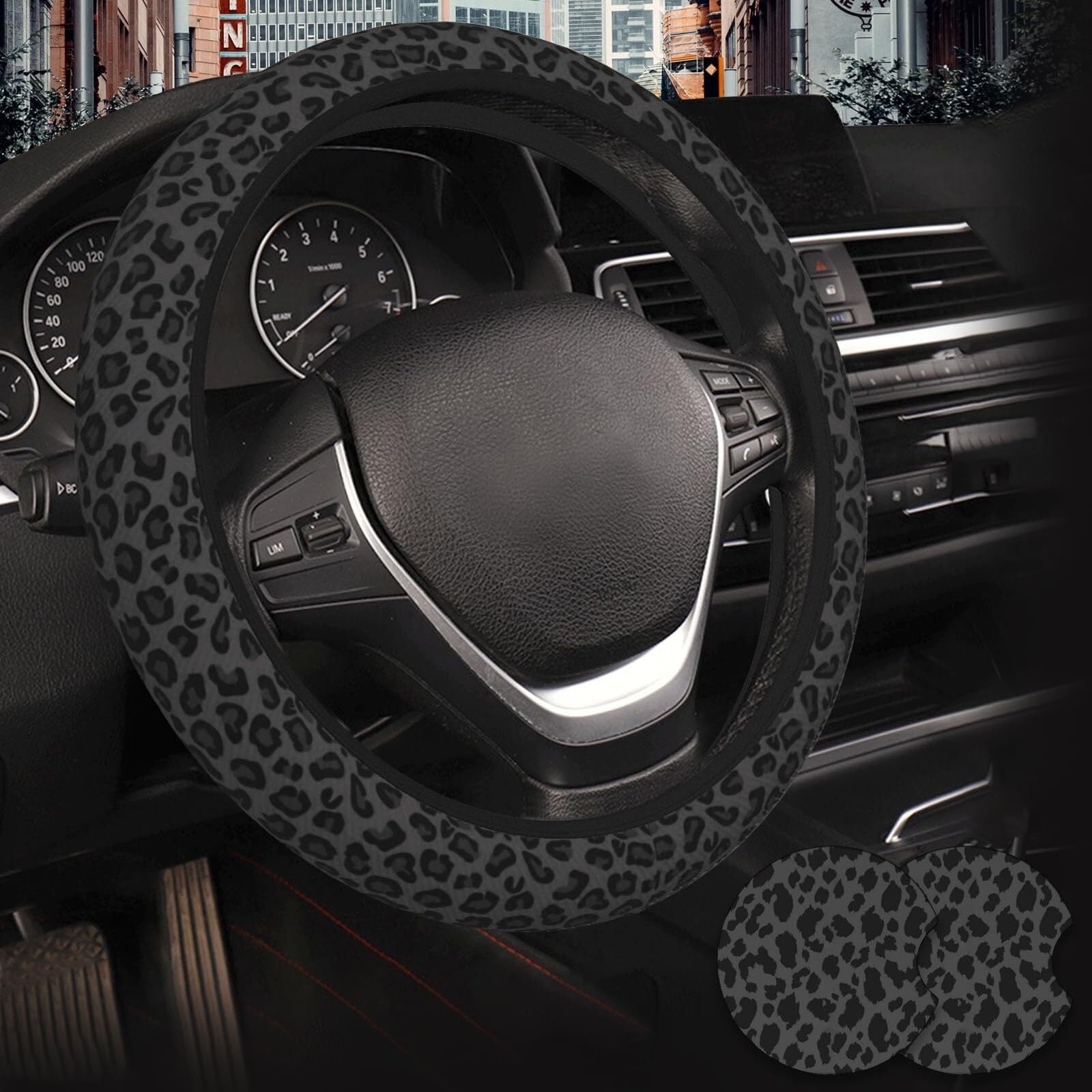 Car Steering Wheel Cover with 2 Pcs Car Coasters, Black Leopard Cheetah Print Car Accessories Decorations for Women, Fit 14.5-15 Inch Auto, Suvs, Truck