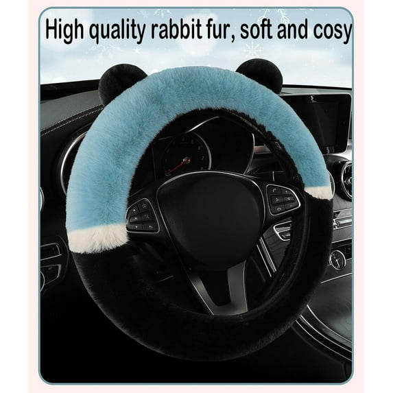 Car Steering Wheel Cover 38 cm Fits Most Vehicles Fluffy Plush Cute Panda Ears Steering Wheel Cover for Women, Blue