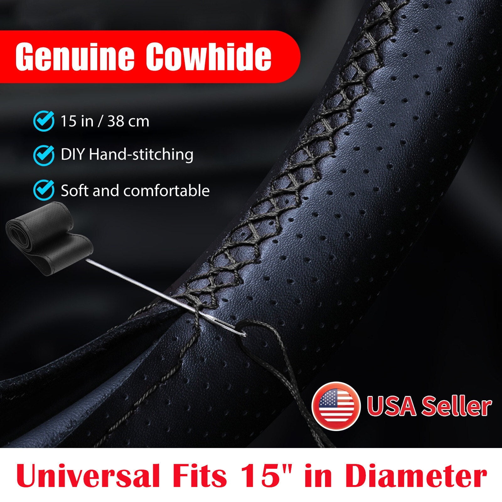 Car Steering Wheel Cover Antislip Hand Sewing DIY Leather Protective