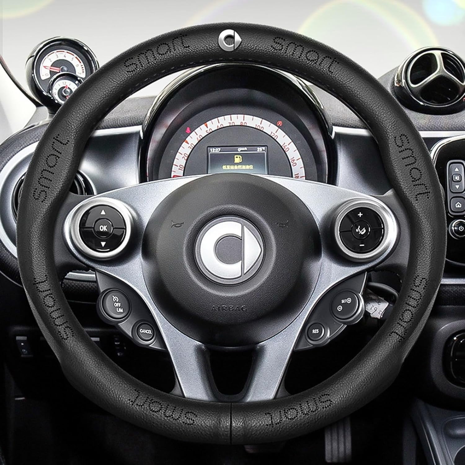 Car Steering Wheel Cover for Benz Smart 450 451 453 Fortwo Forfour, Black Non-Slip Microfiber Leather Steering Wheel Protector for Benz Smart Car Accessories