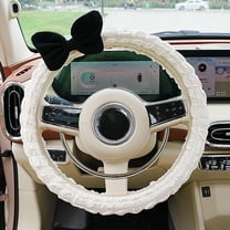 Car Steering Wheel Cover, Cloth Puffrug Car with Anti-Slip Sweat-Absorbing Woman Car Steering Wheel Cover, Black Bow