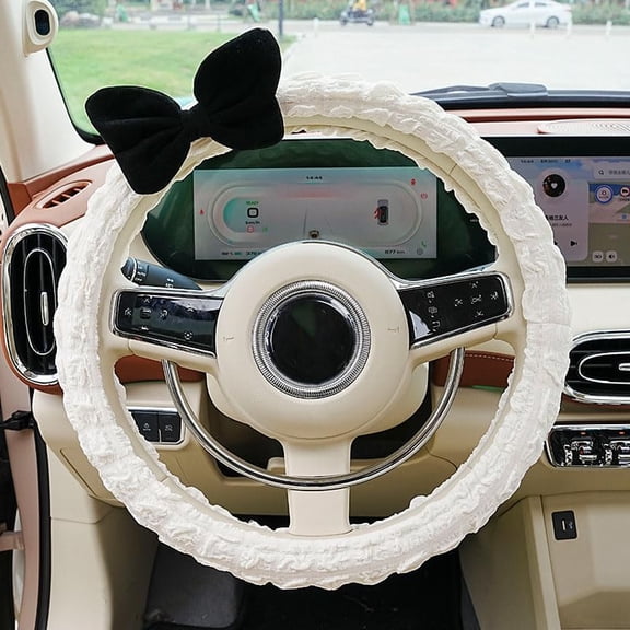 Car Steering Wheel Cover, Cloth Puffrug Car with Anti-Slip Sweat-Absorbing Woman Car Steering Wheel Cover, Black Bow