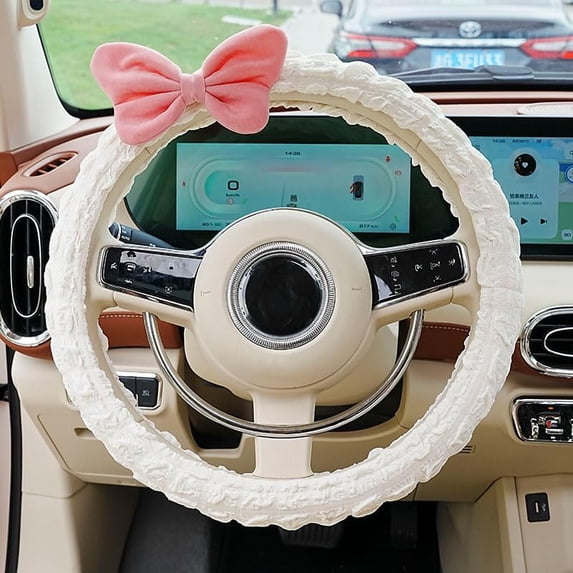 Car Steering Wheel Cover, Cloth Puffrug Car with Anti-Slip Sweat-Absorbing Woman Car Steering Wheel Cover, Pink Bow