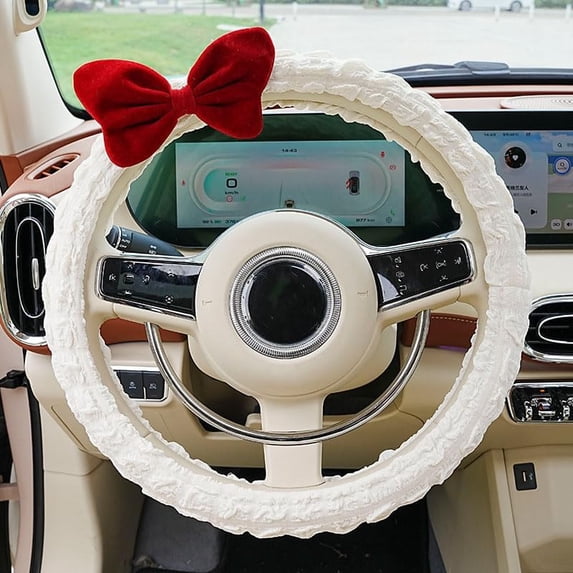 Car Steering Wheel Cover, Cloth Puffrug Car with Anti-Slip Sweat-Absorbing Woman Car Steering Wheel Cover, Red Bow