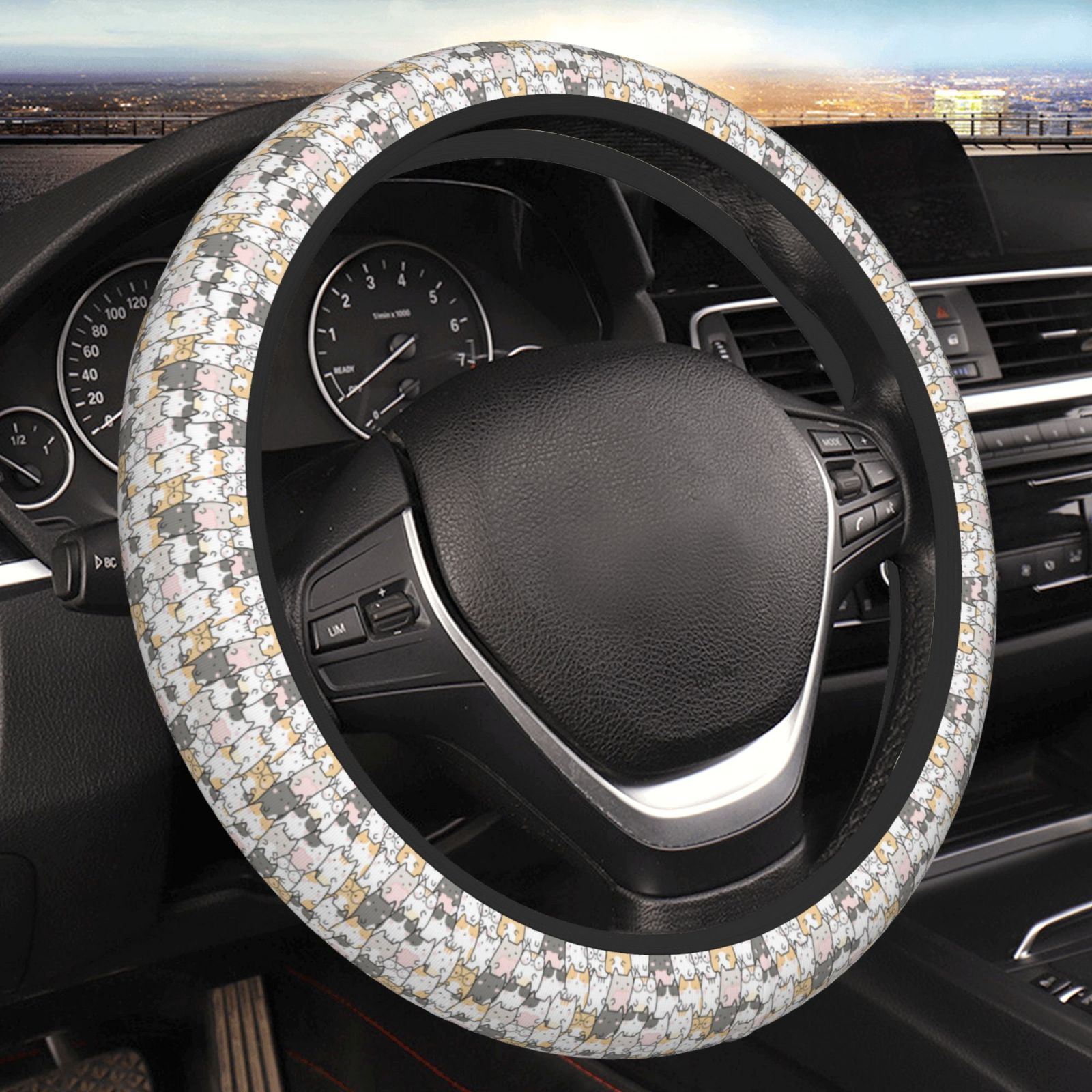 Car Steering Wheel Cover - Comic Style Color Line Cartoon Cat Universal ...