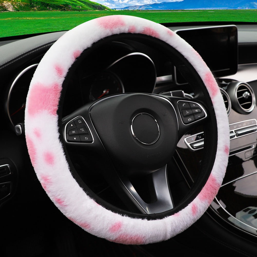 Car Steering Wheel Cover Cow Pattern Plush Stretch Steering Wheel Cover