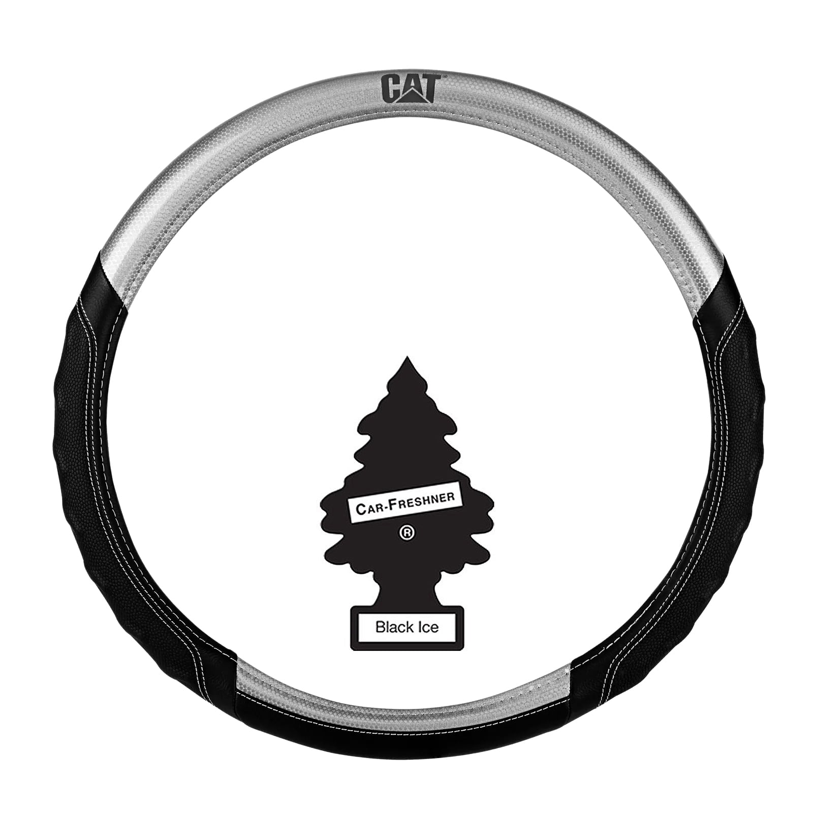 Car Steering Wheel Cover, Extra Large 18 inch Size, Black and Metellic Silver Design Steering Wheel Cover for RV Semi Truck Big Rig Trucker + Air Freshener Bundle