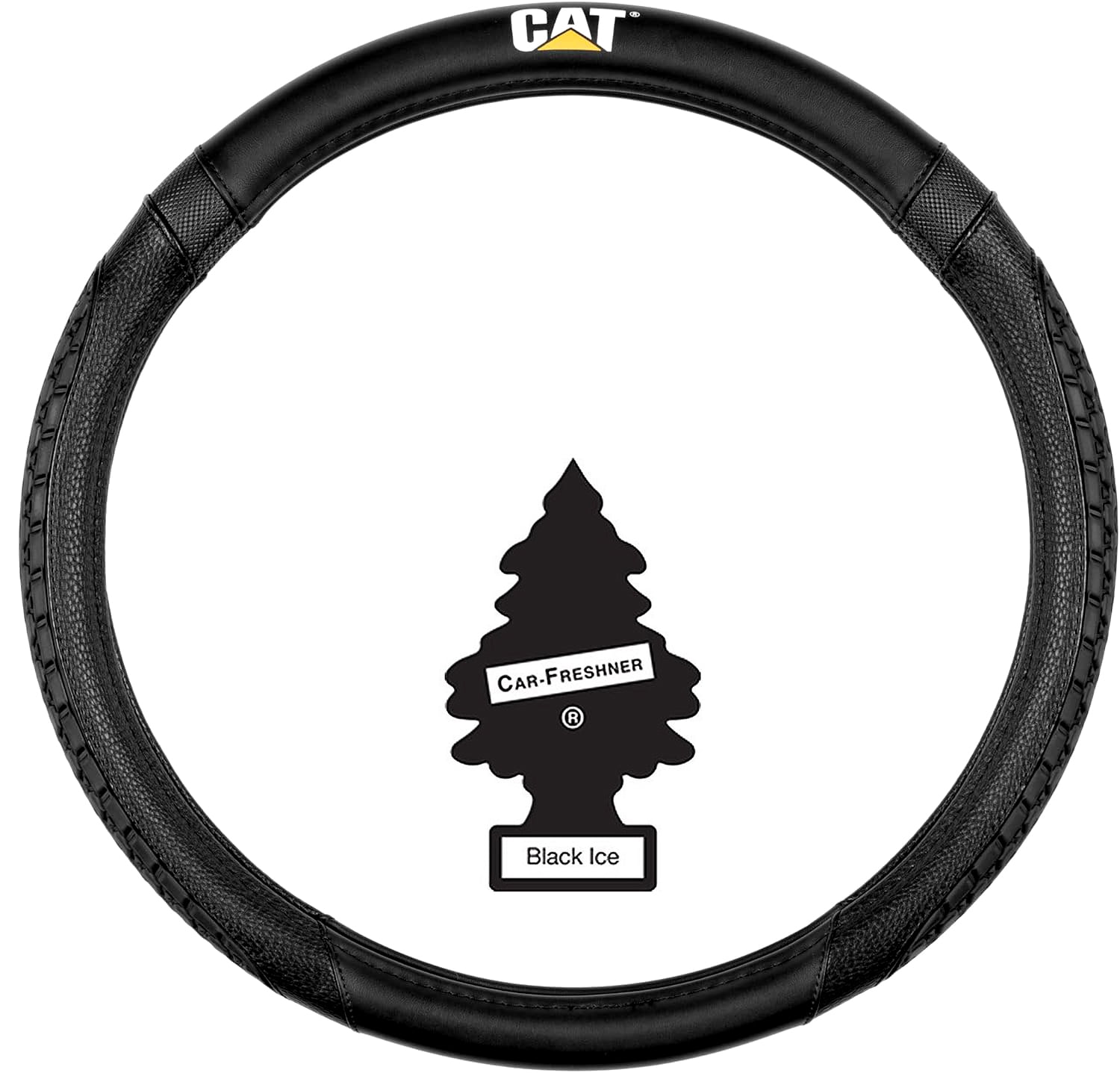 Car Steering Wheel Cover, Extra Large 18 inch Size, Tire Tread Inspired Traction Grip Design, Black Steering Wheel Cover for RV Semi Truck Big Rig Trucker + Air Freshener Bundle