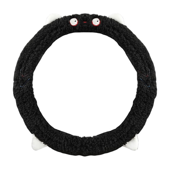 Car Steering Wheel Cover, Fluffy Soft Plush Cute Steering Wheel Protector with Ears and Expression, for Car,SUV, Elastic & Anti-Slip (Black)