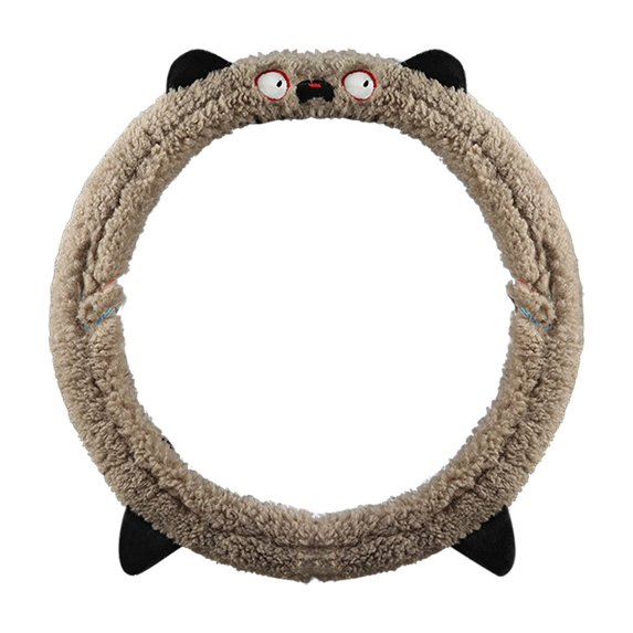 Car Steering Wheel Cover, Fluffy Soft Plush Cute Steering Wheel Protector with Ears and Expression, for Car,SUV, Elastic & Anti-Slip (Khaki)