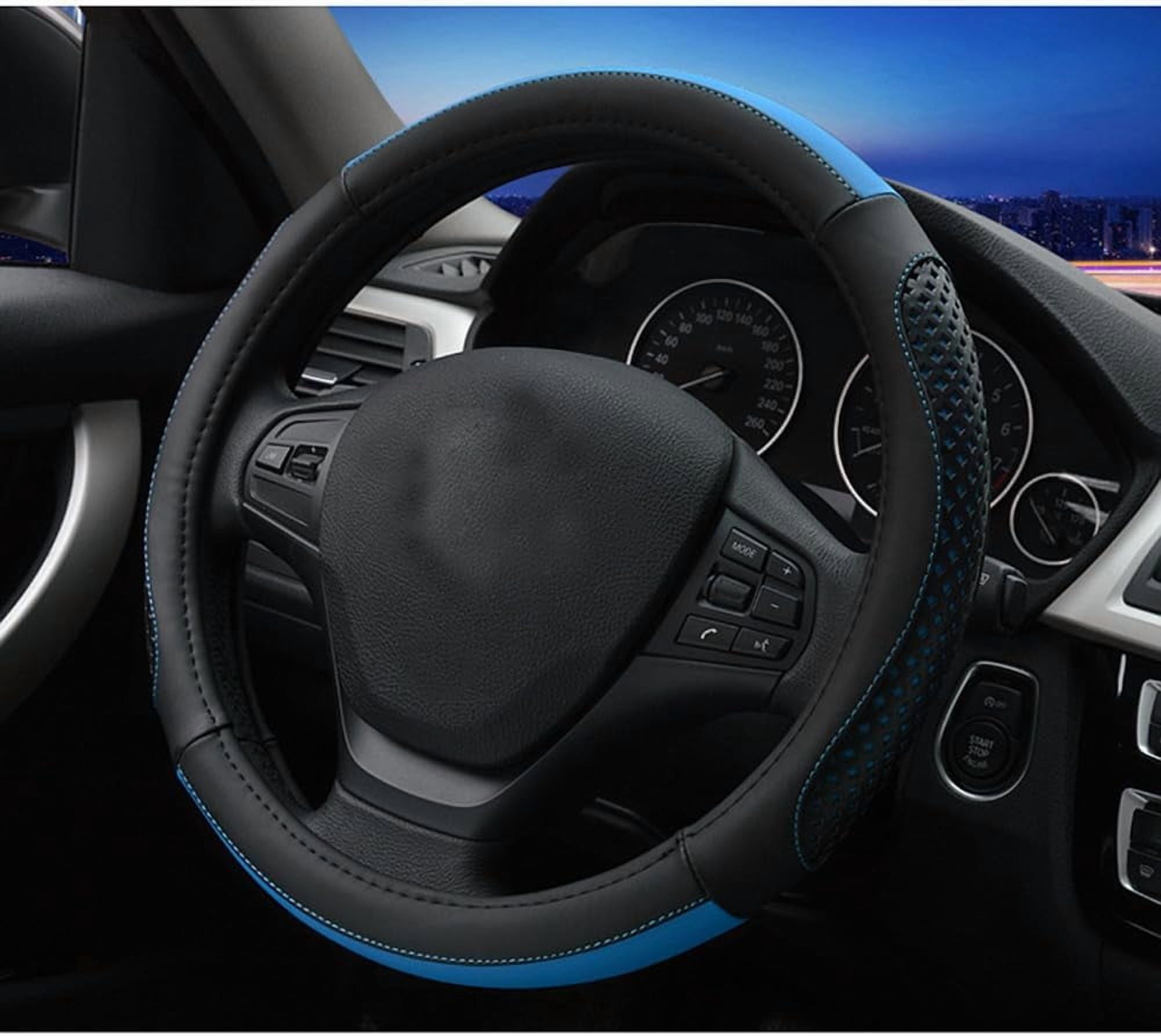 Car Steering Wheel Cover Hole Perforation Anti-Slip Universal 15 Inches Leather for Women, Black Blue