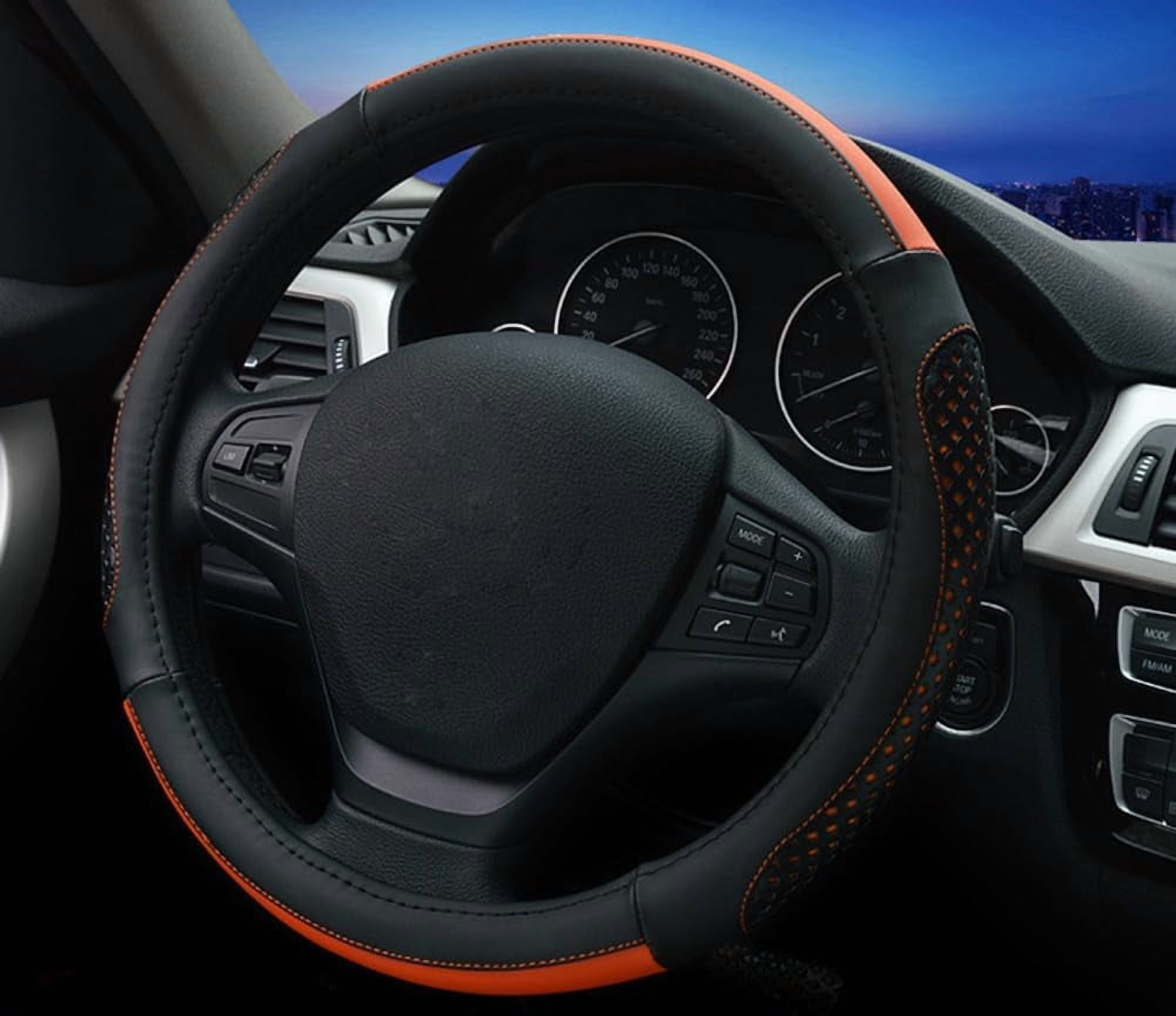 Car Steering Wheel Cover Hole Perforation Anti-Slip Universal 15 Inches Leather for Women, Black Orange