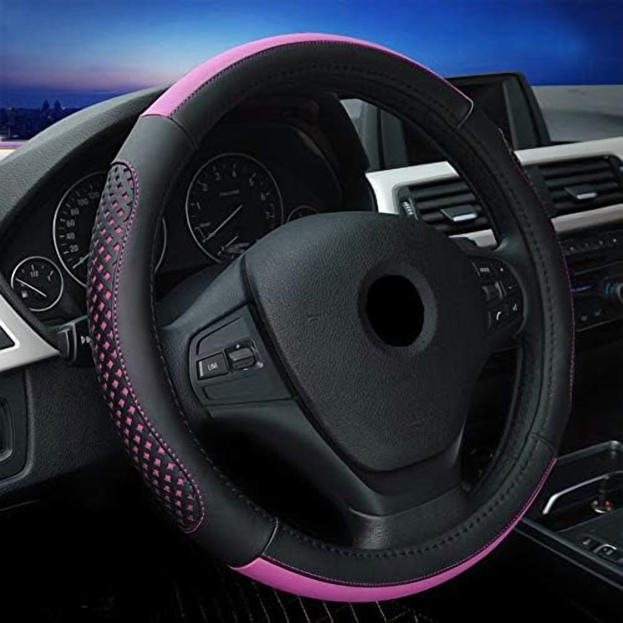 Car Steering Wheel Cover Hole Perforation Anti-Slip Universal 15 Inches Leather for Women, Black Pink