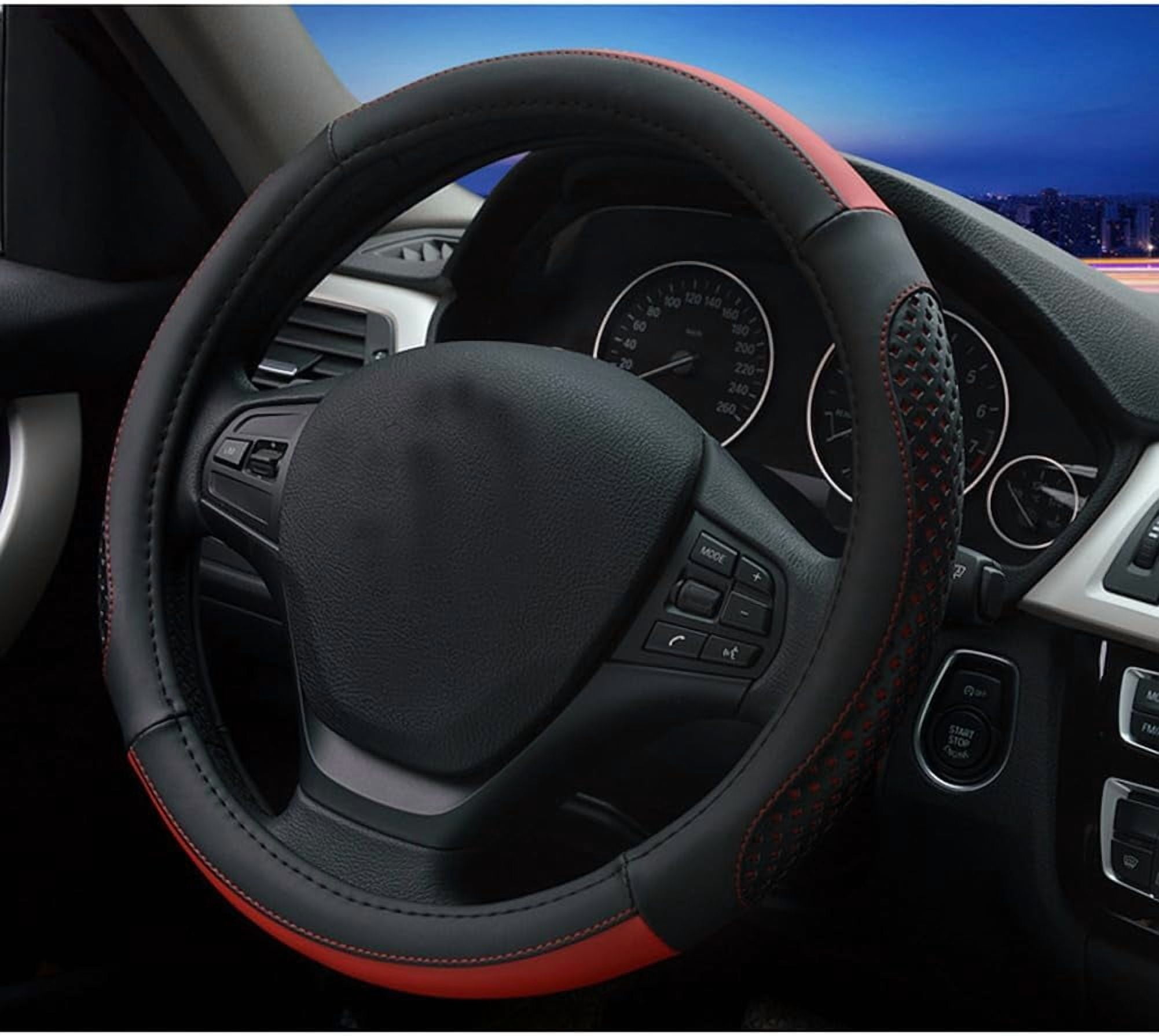 Car Steering Wheel Cover Hole Perforation Anti-Slip Universal 15 Inches Leather for Women, Black Red
