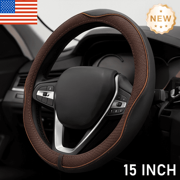 Car Steering Wheel Cover Leather, Anti-Slip, Safety, Soft, Breathable, Heavy Duty, Thick, Full Surround, Sports Style (Black Brown)