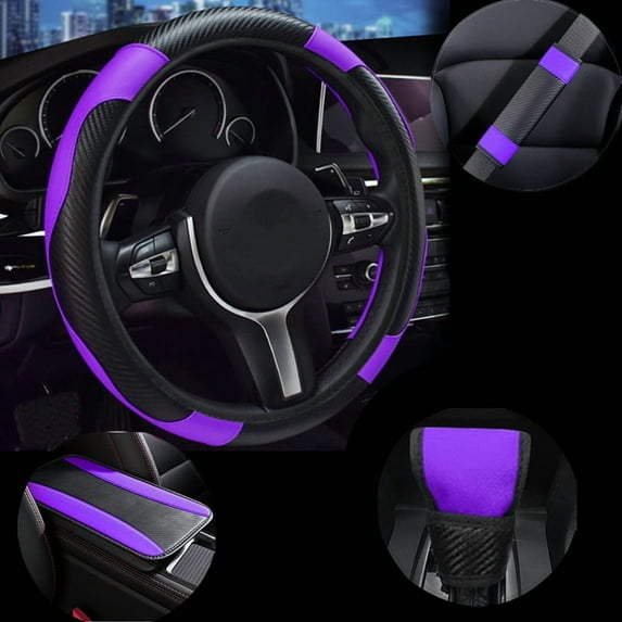 Car Steering Wheel Cover Leather,Black and Red Steering Wheel Cover Set,Universal 15 Inch,Carbon Fiber Car Accessories for Women Men