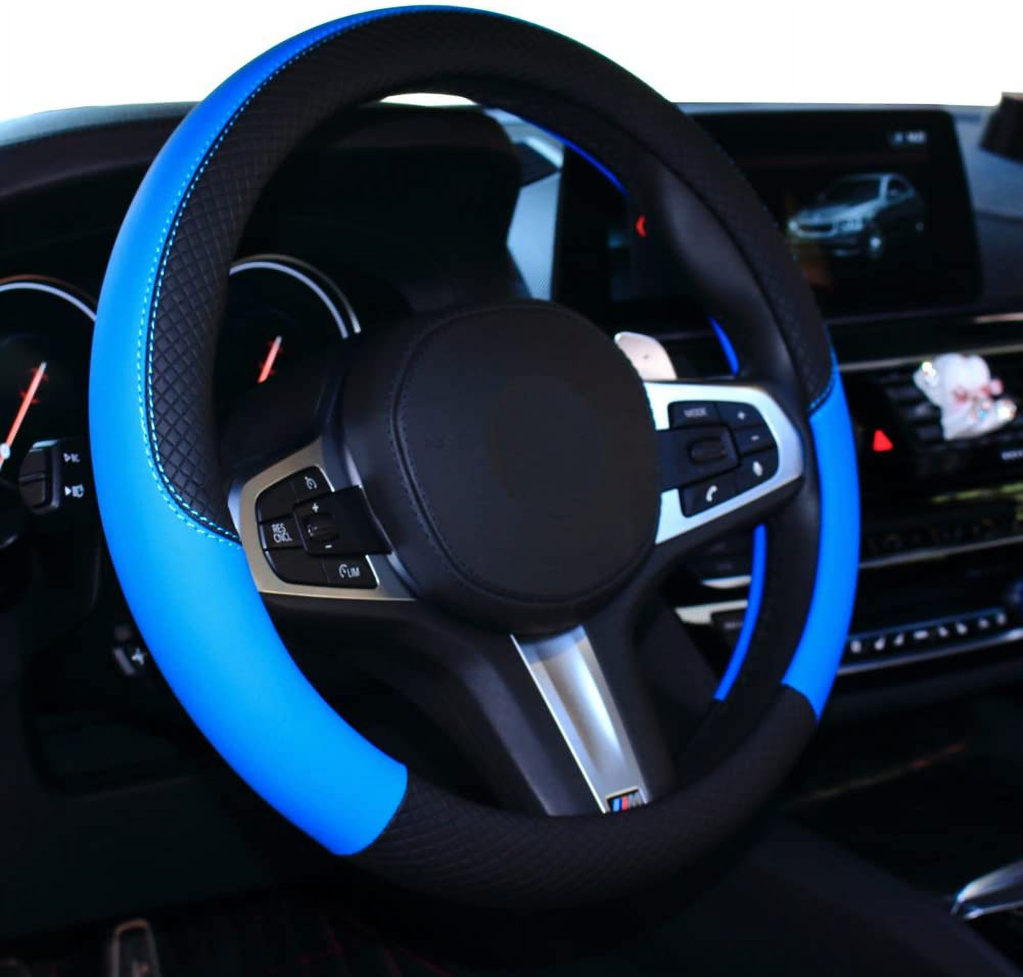 Car Steering Wheel Cover Leather Universal 15 Inch Fit, Anti-Slip Odor-Free, Black Blue