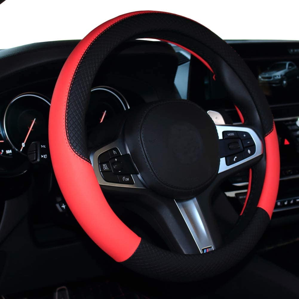 Car Steering Wheel Cover Leather Universal 15 Inch Fit, Anti-Slip Odor-Free, Black Bright Red