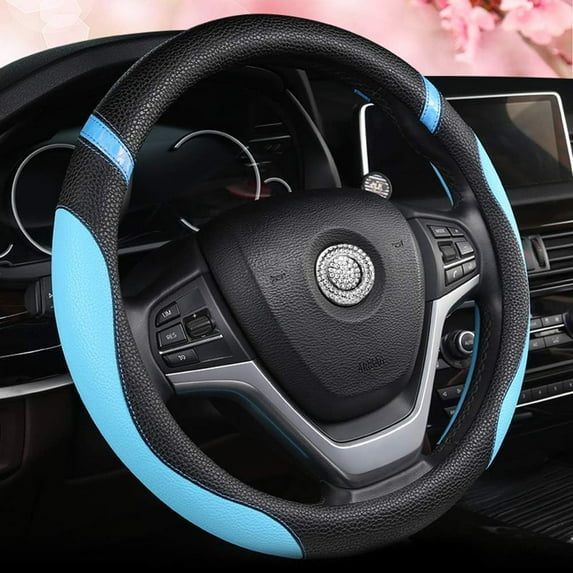 Car Steering Wheel Cover Leather, Universal 15 Inch Fit, Anti-Slip & Odor-Free, Blue Black