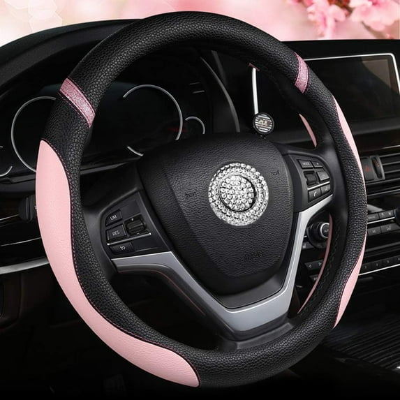 Car Steering Wheel Cover Leather, Universal 15 Inch Fit, Anti-Slip & Odor-Free, Pink Black