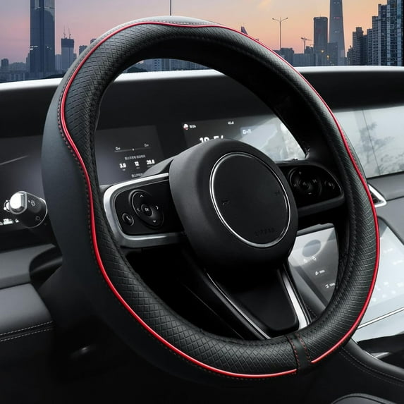 Car Steering Wheel Cover, Microfiber Leather Steering Wheel Covers with Anti-Slip Lining, Universal 14.5-15 Inch Black with Red line