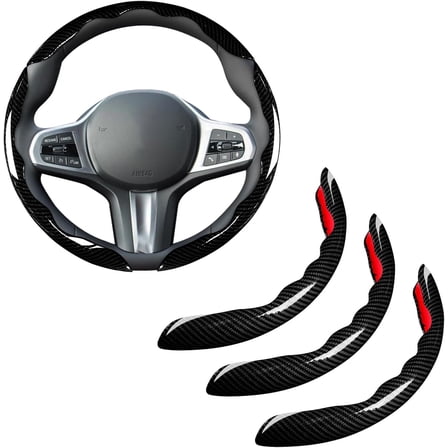 Car Steering Wheel Cover Set Bright Carbon Fiber Wrap Non-Slip 3 Pcs Steering Wheel Accessories 14.5-15 Inch Universal