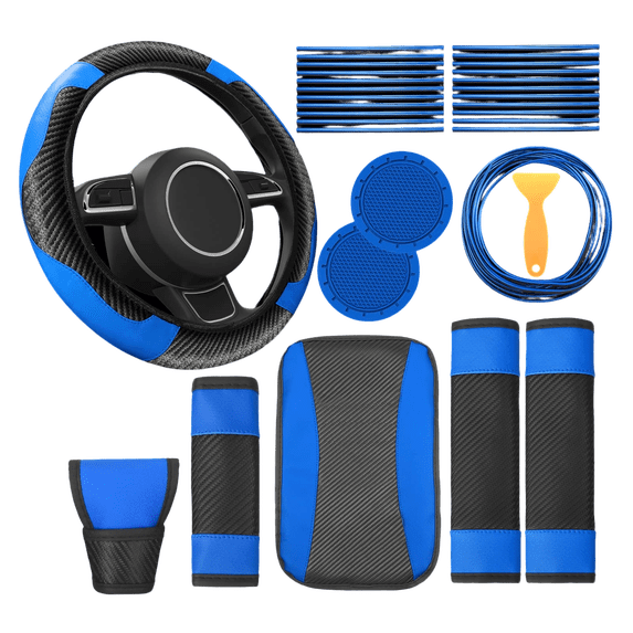Car Steering Wheel Cover, Shift Knob Cover, Pu Material, Seat Belt Cover Pad, Car Console Cover, Cup Coasters for Car, Blue Black, 30 Pc, Interior Trim Kit