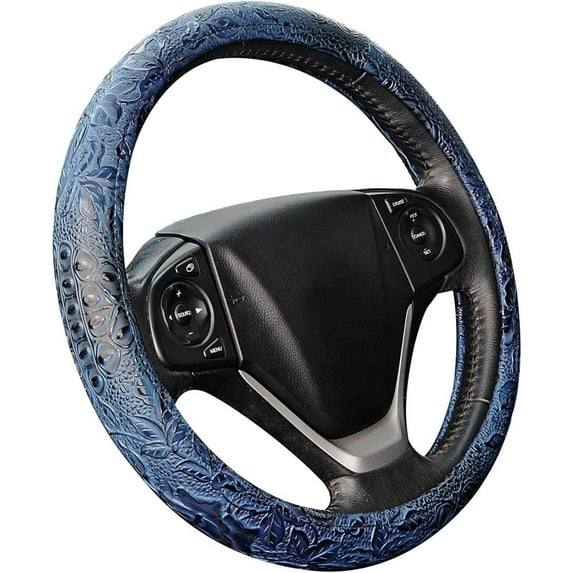 Car Steering Wheel Cover Universal 15 Inch Auto Anti Slip Leather Protector Flower Grain Blue