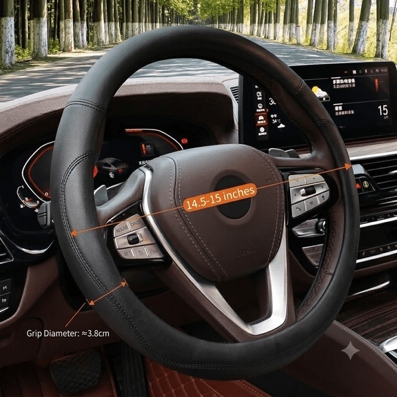 Universal Leather Steering Wheel Cover (14.5“–15”), Heavy-Duty Non-Slip Interior Protective Cover, High-End Automotive Interior Accessory—Black