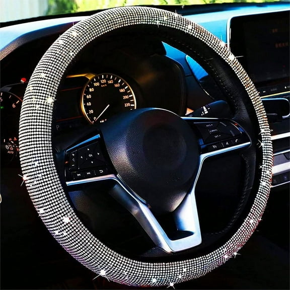 Car Steering Wheel Cover Universal Fit for 15 Inches Diameter, Bling Crystal Rhinestones Steering Wheel Protector for Women Anti-Slip Backing Elastic Easy Installation, Colorful