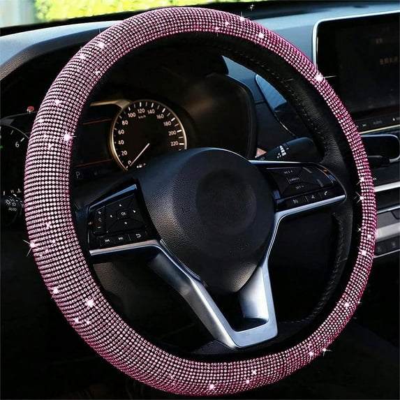 Car Steering Wheel Cover Universal Fit for 15 Inches Diameter, Bling Crystal Rhinestones Steering Wheel Protector for Women Anti-Slip Backing Elastic Easy Installation, Pink