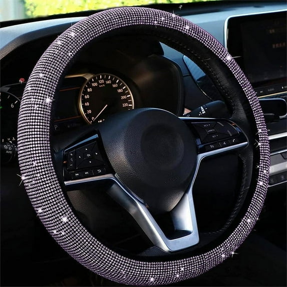 Car Steering Wheel Cover Universal Fit for 15 Inches Diameter, Bling Crystal Rhinestones Steering Wheel Protector for Women Anti-Slip Backing Elastic Easy Installation, Purple
