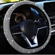 Car Steering Wheel Cover Universal Fit for 15 Inches Diameter, Bling Crystal Rhinestones Steering Wheel Protector for Women Anti-Slip Backing Elastic Easy Installation, Pure White