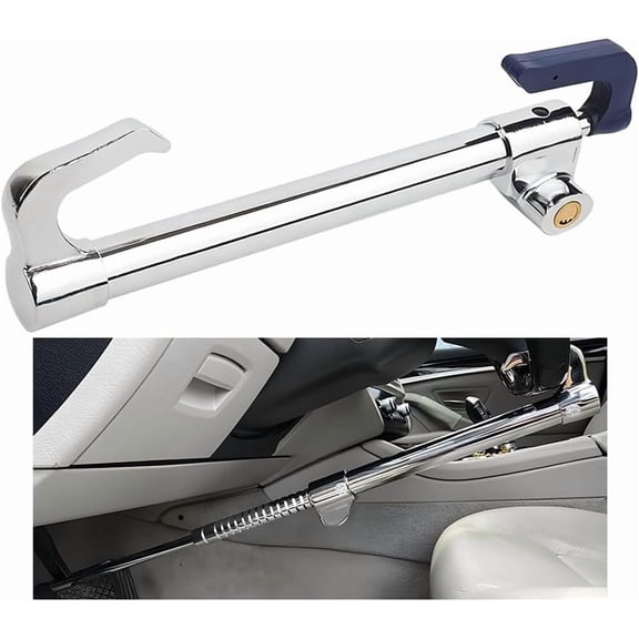Car Steering Wheel Lock, Retractable Adjustable Length Vehicle Security Lock Device with 2 Keys, Double Hook Automotive Brake Locking Pedal, Universal for SUV, Sedan, Truck