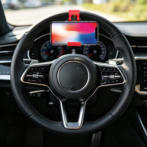 Car Steering Wheel Phone Mount, Hands Free Adjustable Holder For All Smartphones, Vehicle Dashboard Stand (Red)