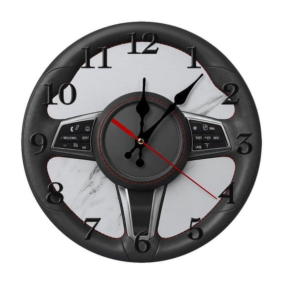 Car Steering Wheel Print Thick Solid Wood Wall Clock, Quiet Quartz Movement Easy Install Hanging Clock