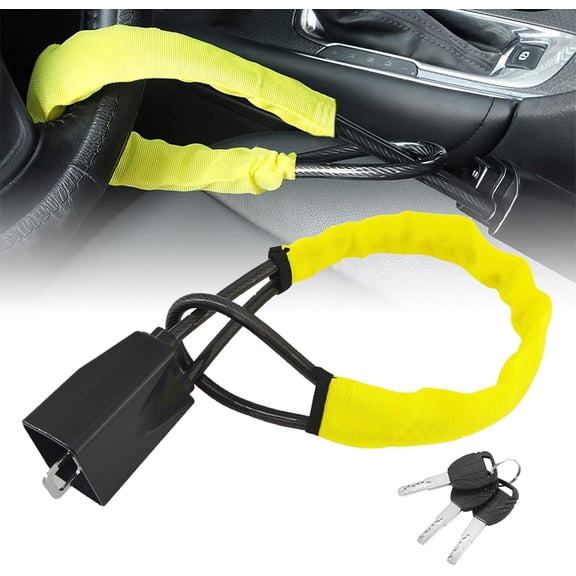 Car Steering Wheel and Seat Belt Lock, 17" Universal Anti-Theft Device for Vehicles, SUVs, Golf Carts, Compact Lightweight Security Lock with Multi-Function Keys, Yellow