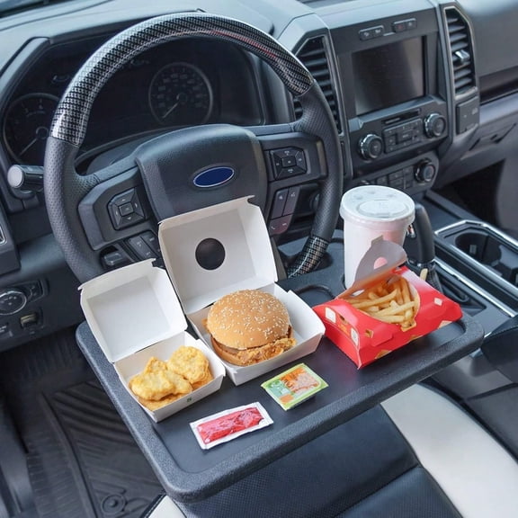 Car Steering Wheel Tray, 2 in 1 Portable Laptop Desk with Cup Holder, Multifunctional Car Eating Table Workstation for Most Vehicles, Black