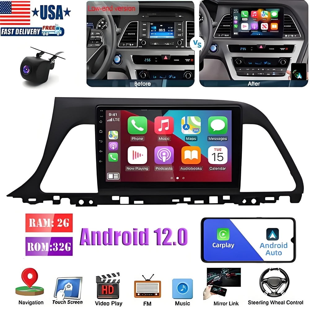 Car Stereo for 2015-2017 Hyundai Sonata with Wireless Carplay Android Auto, 9 Inch IPS Touch Screen Radio, Bluetooth GPS WiFi DSP FM RDS SWC+MIC Backup Cam, Auto A/C