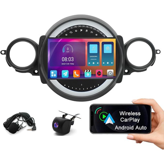 Car Stereo 2GB+32GB Android 15 9in Screen for Mini Cooper R56 2007-2014 Built-in CarPlay Android Auto GPS Bluetooth WiFi FM/RDS SWC AHD Backup Camera