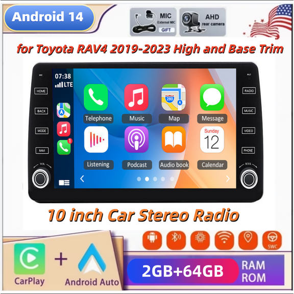 Car Stereo Radio 10-inch GPS Navigation Android 14 Car Player for Toyota RAV4 2019-2023 High and Base Trim with Carplay Android Auto WiFi BT Quad Core 2+64G SWC with AHD Camera