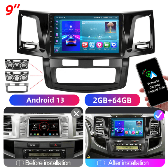Car Stereo Radio 9 Inch Android 13 DAB+ Player with Camera for Toyota HiLux 2005-2014 Support Carplay and Android Auto SWC FM/RDS Radio GPS Navigation Head Unit WiFi Bluetooth 2+64G