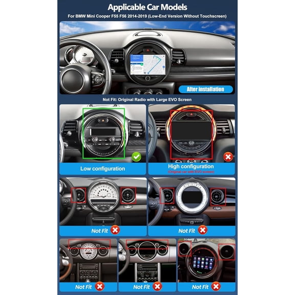 Car Stereo Radio 9-inch GPS Navigation Head Unit SWC 2+64G Quad Core FM/RDS WiFi Bluetooth Android 14 Car Player with Carplay Android Auto for BMW Mini Cooper F55 F56 2014-2019 Base Model