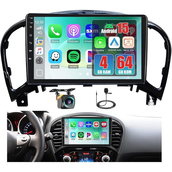 Car Stereo Radio 9-inch for Nissan Juke 2011-2016Base Mid High Trim Levels with Carplay and Android Auto Android 15 Car Player 4+64G GPS Navigation SWC FM/RDS WiFi Bluetooth Mirror Link