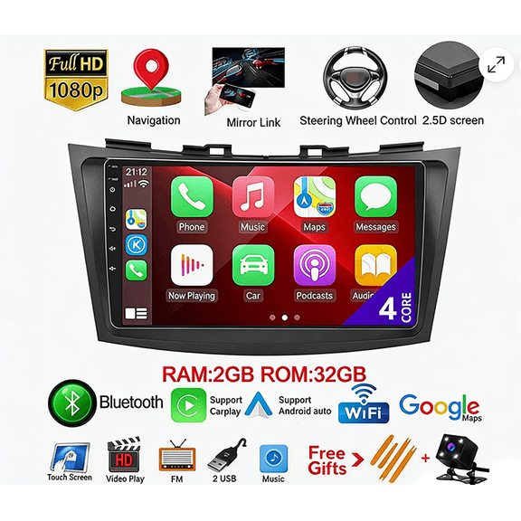 Car Stereo Head Unit with Android 14 | Carplay, Android Auto, Bluetooth, WiFi, SWC, AHD Camera, Mic, Mirror Link | Fit for Suzuki Swift, 2010-2016