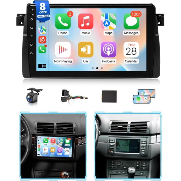 Car Stereo Radio Android 15 9-inch Car Player Fit for Carplay/Android Auto 4GB+64GB WiFi Bluetooth SWC GPS Navigation Head Unit Compatible for BMW 3 Series 325i 330i M3 E46 1998-2006