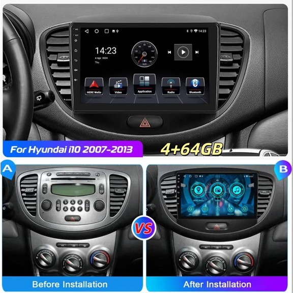 Car Stereo Radio Android 15 9-inch GPS Navi Head Unit with Carplay Android Auto 4+64G SWC Car Player WiFi Bluetooth DSP FM/RDS Mirror Link Compatible for Hyundai i10 2007-2013