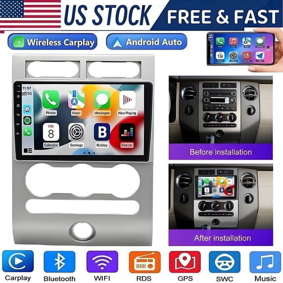 Car Stereo Radio for Ford Expedition 2007-2014, 9'' HD Touch Screen in-Dash GPS Navigation, Wireless Carplay & Android Auto, Bluetooth, WiFi, USB, 2G+32G