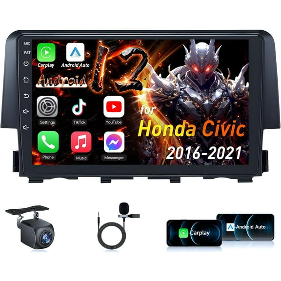 Car Stereo Radio for Honda Civic 2016-2021: 4Core + 64G ROM 9 inch Touch Screen Wireless Carplay/Andriod Auto GPS Bluetooth 5G WiFi Mirror Link Backup Camera MIC