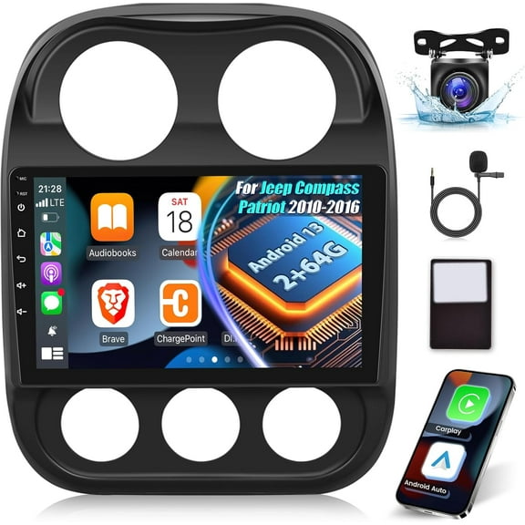 Car Stereo Radio for Jeep Compass Patriot 2009-2016, 10.1" Touchscreen Android 11 Player Support Carplay Android Auto GPS Navigation WIFI Bluetooth AHD Camera, 2GB RAM+32GB ROM, Black